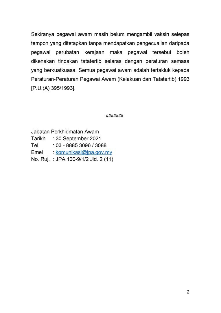 jpagov's tweet photo. SIARAN MEDIA : PENETAPAN SYARAT VAKSINASI LENGKAP KEPADA PEGAWAI PERKHIDMATAN AWAM (30 SEPTEMBER 2021)

Semua pegawai Perkhidmatan Awam Persekutuan dikehendaki untuk segara melengkapkan vaksinasi mereka sebelum 1 November 2021. https://t.co/2RCoyUHnrC