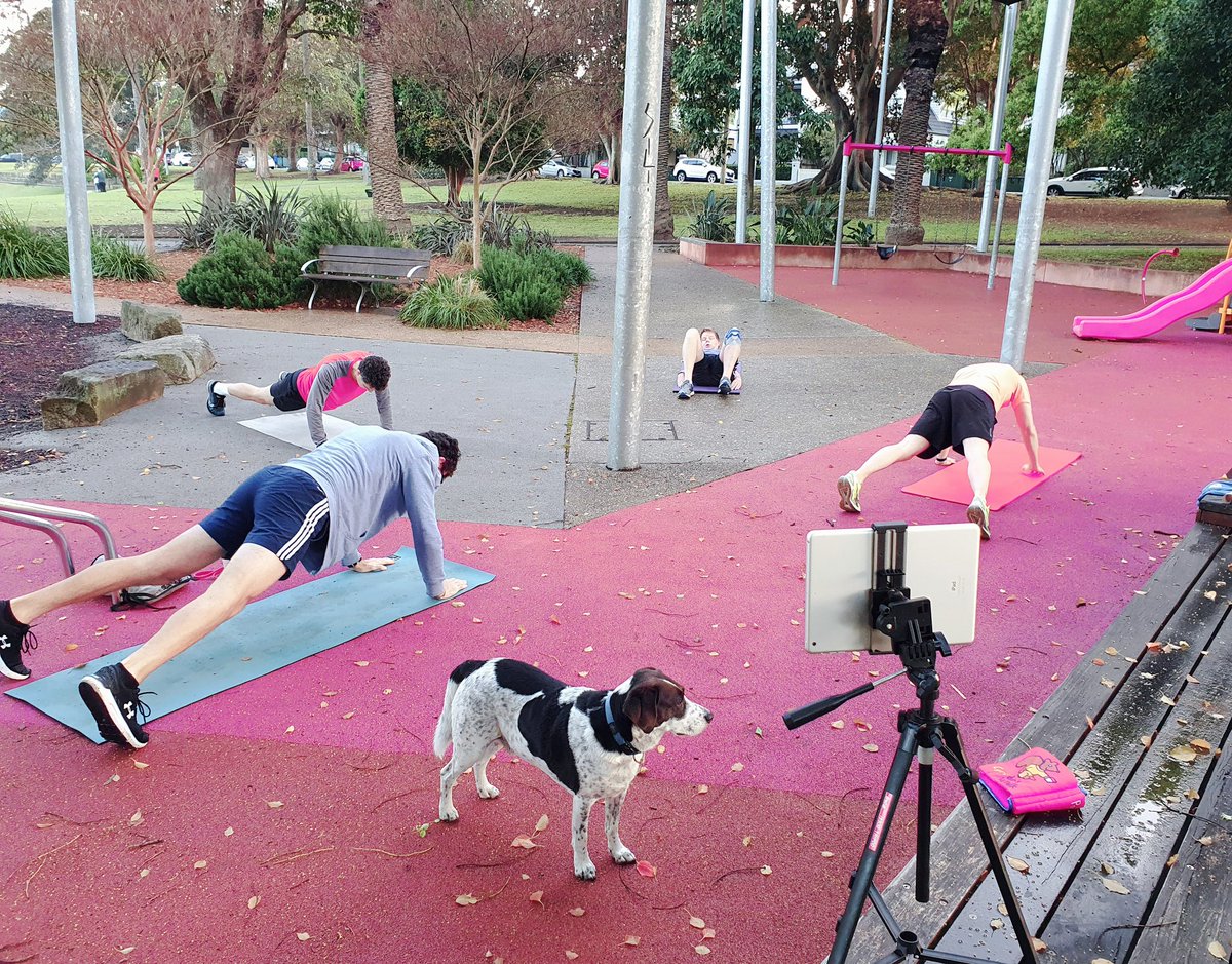 PrideFitnessSyd's tweet photo. Half the group on zoom, the rest
#SocialDistancing in the park. Can't wait for the whole gang to be back together #ThatsMyPride #pridefitness #innerwestisbest #gaysydney https://t.co/tmF9iuFSix