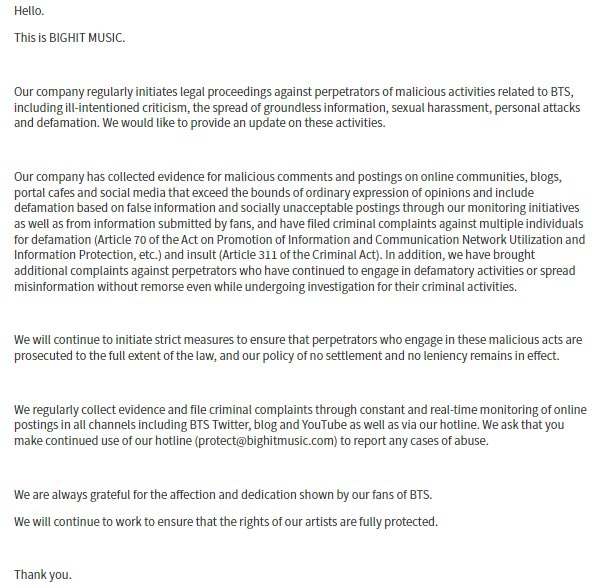 Qg_Barmys's tweet photo. 🔮[📰BTS] A Bighit Music publicou uma nota hoje falando sobre o andamento das ações judiciais relacionadas com a violação dos direitos dos artistas! 

“Olá,

Essa é a Bighit Music.

Nossa empresa inicia regularmente procedimentos legais contra autores de atividades maliciosas [+] https://t.co/PRCvW1QHI2