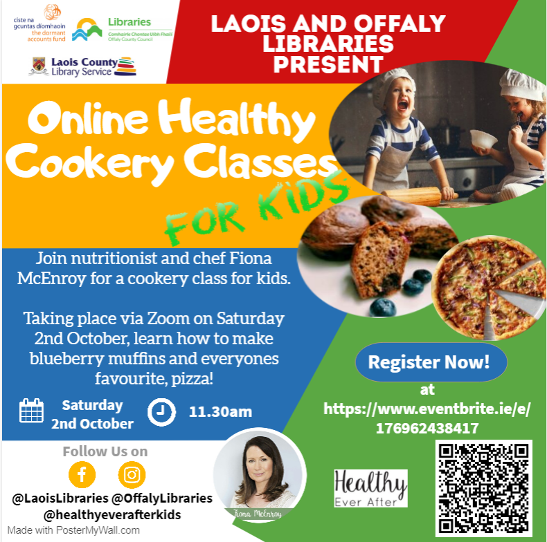 OffalyLibraries's tweet photo. We're making Healthy Pizza and Blueberry Muffins in this free Kids Cookery Class, this Saturday 2nd October at 11.30am. As part of Offaly & Laois Libraries Parenting Programme. Book here:
@offalycoco @LibrariesIre @LaoisCouncil #ParentingProgramme https://t.co/ofuxNRaFBl