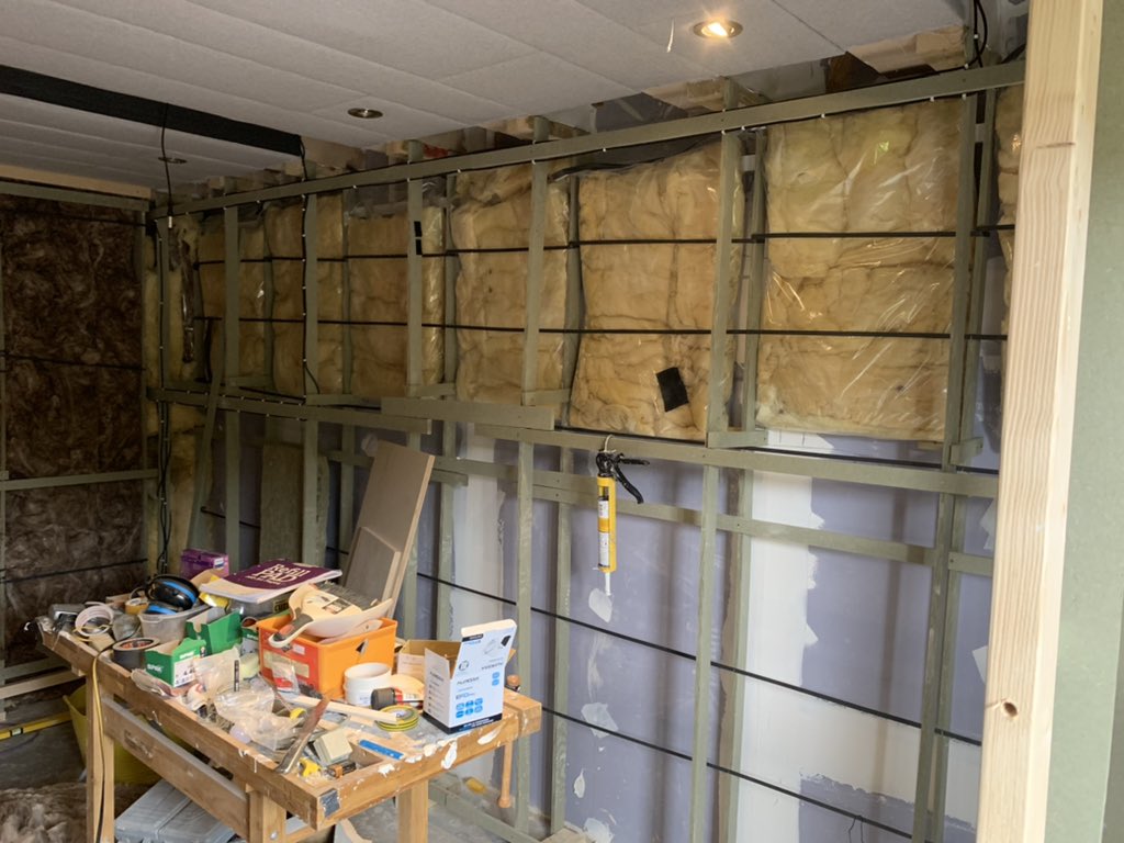 rossmillership's tweet photo. UPDATE!!
Second layer of insulation in, panels on and more limp bags on the walls. Plus speaker cables wired in 👍👍
#BigAtmosStudioBuild https://t.co/vYLjlb2D8G