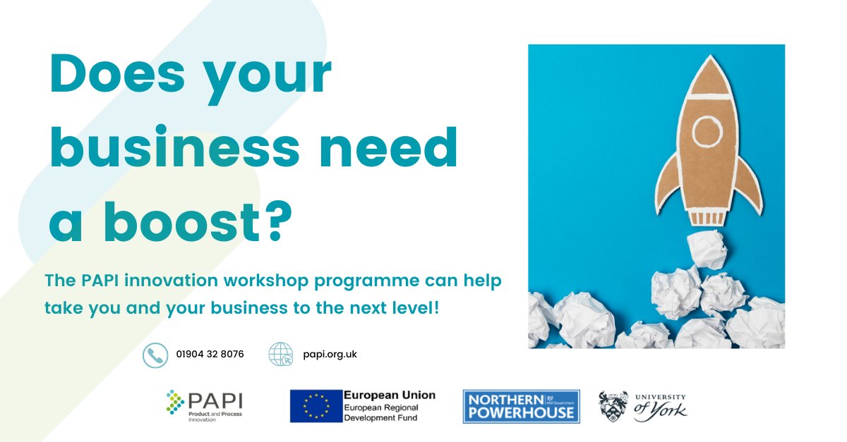 Our next innovation workshops start on the 03.11.21!

You'll get two days worth of business support, in two parts, from top business coaches as well as bespoke mentoring sessions with innovation and business growth expert, <a href="/BigBangPship/">Dr Jo North</a>.

To apply visit: papi.org.uk