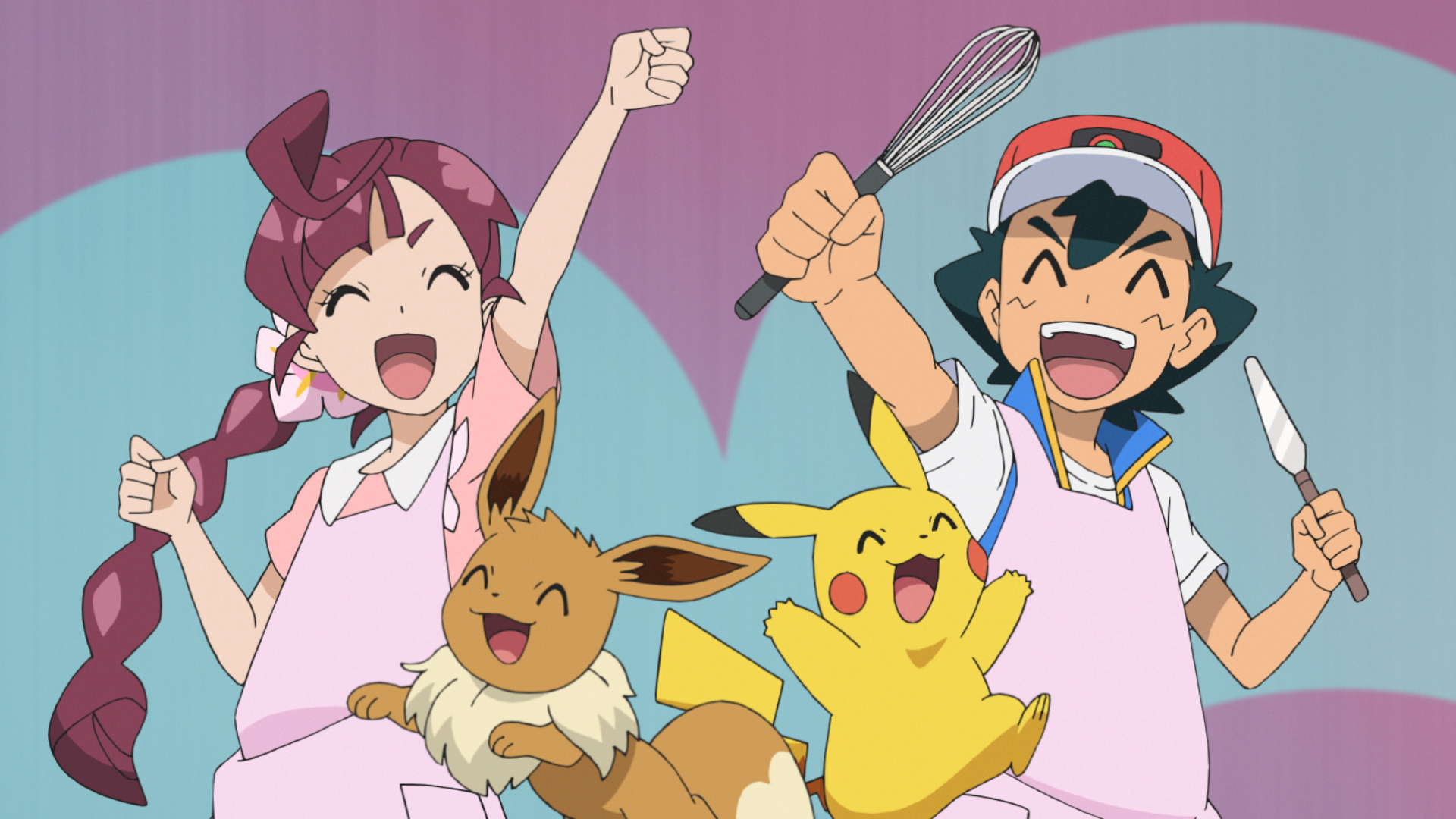 アニメ ポケットモンスター 公式 アニポケ 第話は アラベスクタウンのジムリーダー ポプラから特別な大会に招待され ガラル地方へやってきたサトシたち それは ケーキのデコレーション大会 みんな おそろいのピンクのエプロンで参戦 この後