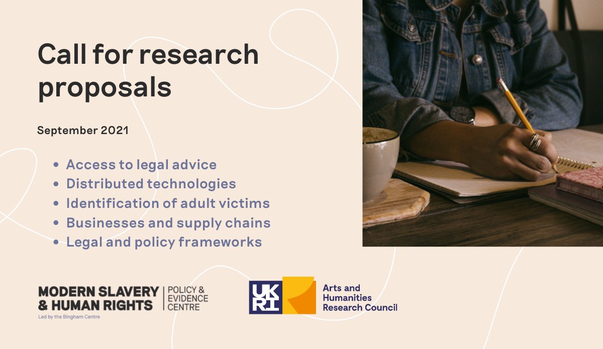 We are delighted to announce the next package of funding calls from <a href="/SlaveryPEC/">Modern Slavery and Human Rights PEC</a>, funded and supported by <a href="/ahrcpress/">Arts and Humanities Research Council</a>.  

Including: 
4⃣ targeted responsive research calls  
1⃣pre-announcement for <a href="/SlaveryPEC/">Modern Slavery and Human Rights PEC</a> &amp; @AHRCpress open call.  

modernslaverypec.org/latest/five-re…  

Thread 👇👇👇