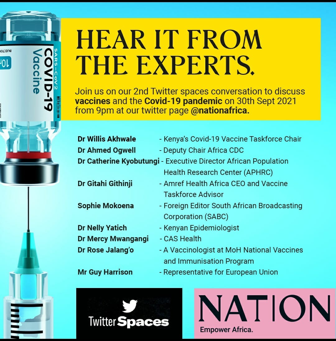 LeonLidigu's tweet photo. Tonight at 9 PM will be moderating a Twitter Space you don't want to miss on Vaccines &amp; the status of COVID-19   via @NationAfrica . 
On the panel we have @AkhwaleWillis @Sophie_Mokoena @laktarr001 @daktari1 @DrMercyHealth @EUinKenya @CKyobutungi &amp; @rosejalango . https://t.co/bdAy7XJkZX