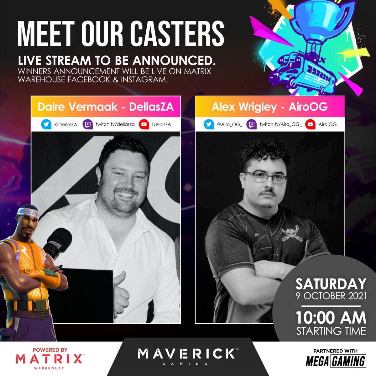 It's finally time to reveal the Amazing Casters for our Fortnite School Cup Finals! 😃🎉

🎤 Dalre Vermaak - <a href="/DellasZA/">Dalre</a> 
🎤 Alex Wrigley - @AiroOG

▶ Watch The Final Battle Trailer: bit.ly/3D0hXpe

(1/2)