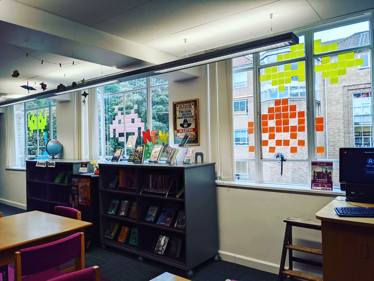 Library_EHS's tweet photo. New month (tomorrow) new pixel art! Don't forget, Inktober starts TOMORROW! Get your doodles drawn and hand them to Miss Lee for prizes! #library #display #pixelart #pixel #windowdisplay #spaceinvaders #spaceinvader #classicgames https://t.co/DngZkSRX94