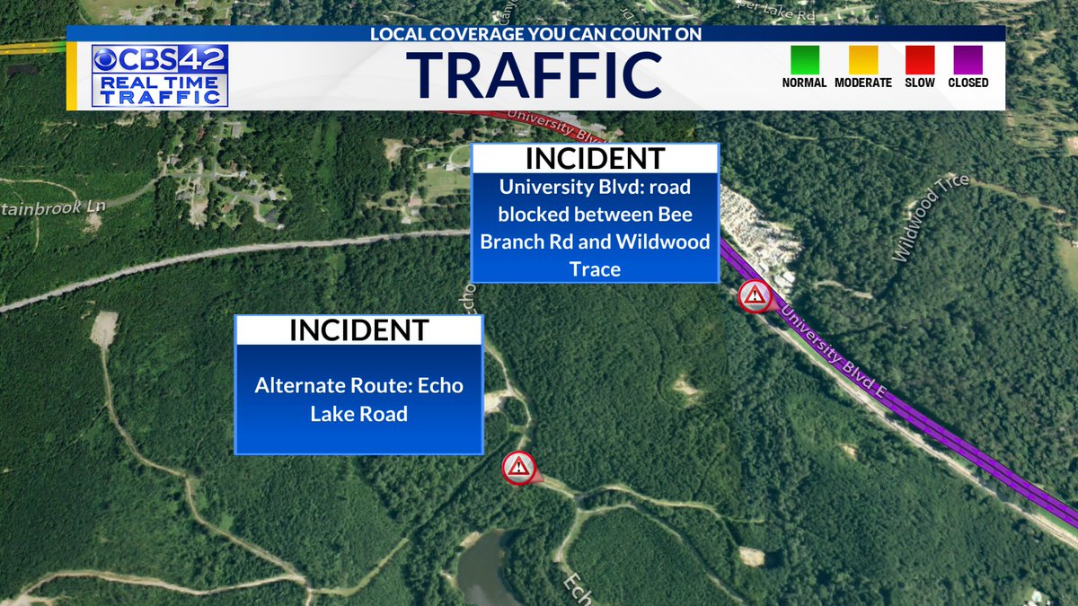 We are still tracking this road closure in #TuscaloosaCounty due to a fatal accident. Cottondale drivers- University Blvd is closed from Bee Branch Road to Wildwood Trace. Take Echo Lake Road as an alternate route. @cbs_42