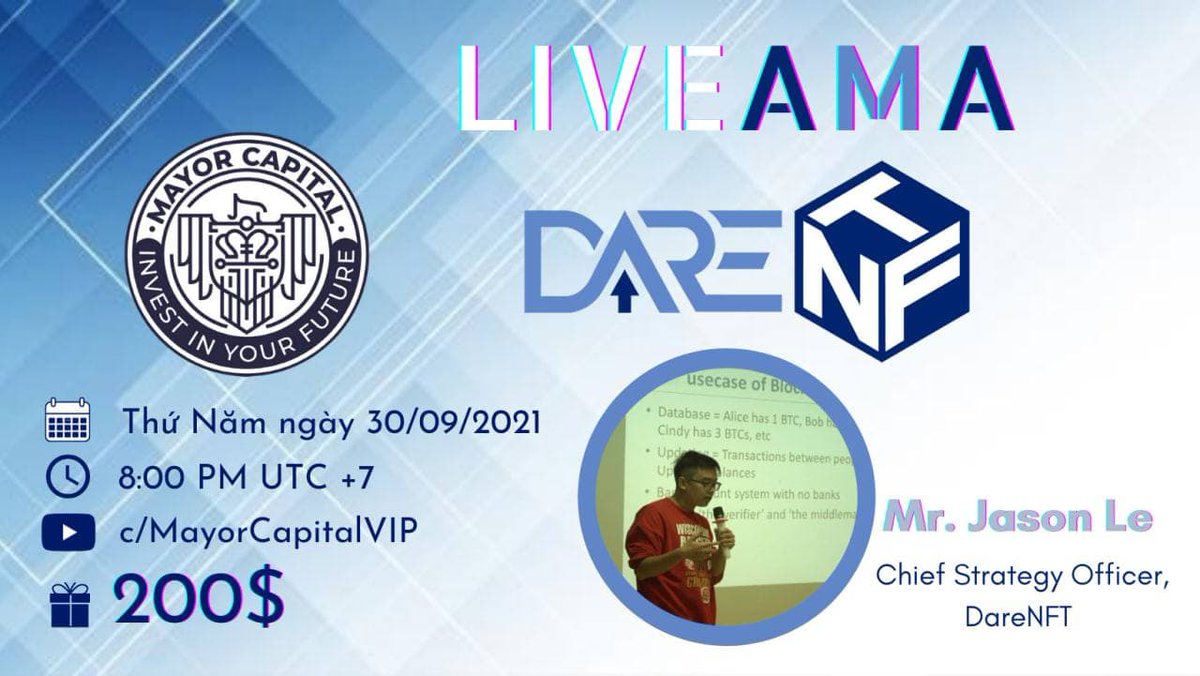 <a href="/mayor_capital/">Mayor Capital</a> is our important partner &amp; investor in Vietnam. Today the 2 teams will co-work &amp; host an  AMA with the topic 'Introduction on #DareNFT'

⭐️Speaker: <a href="/hanjaycrypto/">hanjay.dime</a>-DareNFT's CSO

⭐️Venue: Mayor Capital's Youtube youtube.com/watch?v=xCywCg…

⭐️Rewards: $200

#darenft