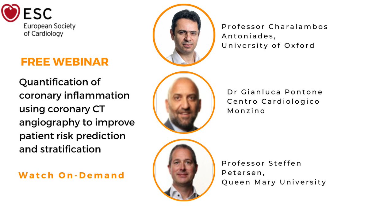 Learn about coronary inflammation and the prognostic value of perivascular fat attenuation index (FAI) to improve patient management. Watch this excellent webinar by @Charis_Oxford @gpontone1 and @s_e_petersen Click here to watch on-demand: bit.ly/3AV8AX2