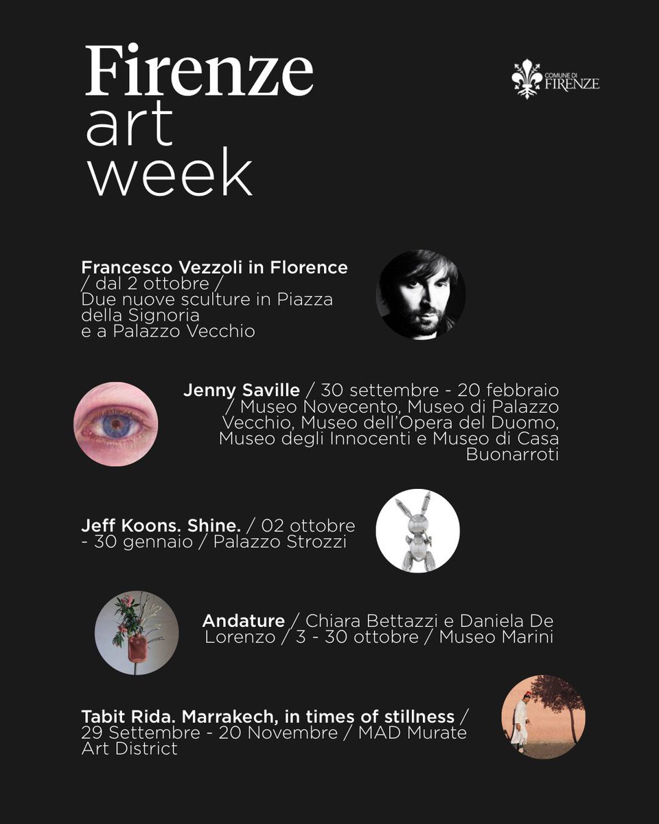 #FirenzeArtWeek.
Ripartiamo dal talento e dalla cultura aprendo una stagione di mostre e installazioni d’arte con alcuni dei più grandi artisti del mondo. Patrimonio storico e nuove traiettorie contemporanee in dialogo nei musei, nelle piazze, nel cuore della nostra città.