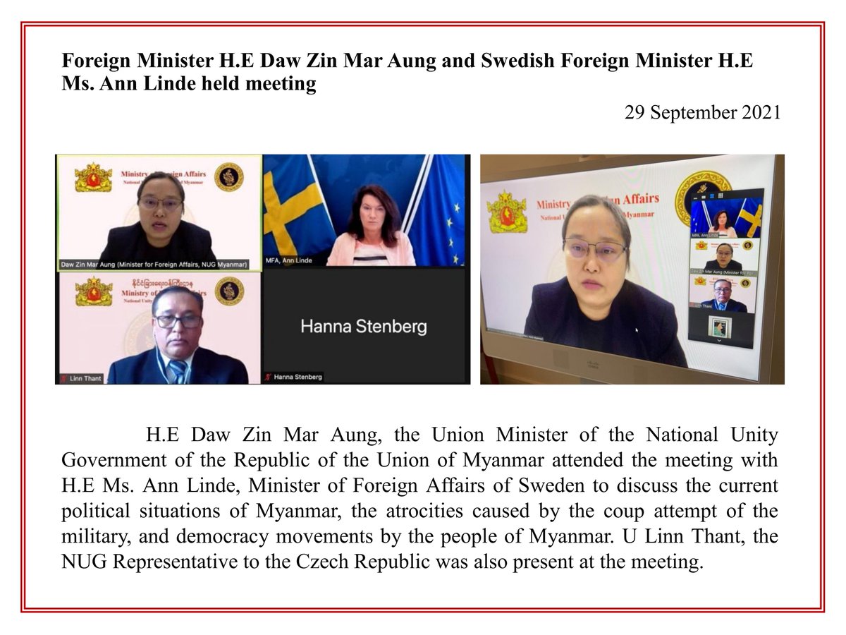 Foreign Minister H.E Daw Zin Mar Aung of <a href="/NUGMyanmar/">National Unity Government Myanmar</a> and Swedish Foreign Minister H.E Ms. Ann Linde held meeting on 29th September 2021.
Read details in picture;
#WhatsHappeningInMyanmar