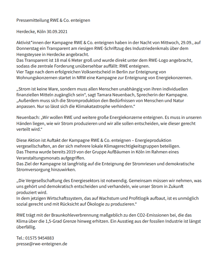+++ Pressemitteilung 30.9. +++

Aktivist*innen der Kampagne "RWE &amp; Co enteignen" hängen riesiges "enteignen"-Transparent an RWE-Industriedenkmal.