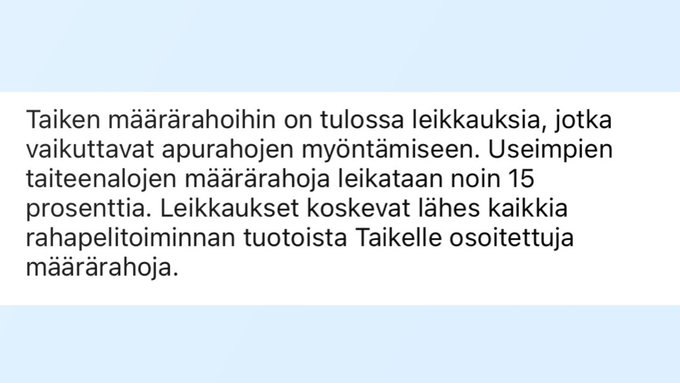 Kahden koronavuoden j&auml;lkeen onkin oikein hyv&auml; hetki leikata v&auml;h&auml;n taiteesta. 👍👍👍 (Taiteen edist&auml;miskeskus<a href="/tag/taideonturhaa"class="tags"><span>#taideonturhaa</span></a><a href="/tag/kulttuurikuolkoon"class="tags"><span>#kulttuurikuolkoon</span></a>