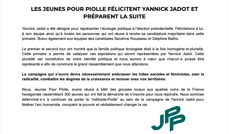 Notre communiqué suite à la primaire des écologistes 👇👇

Nous devons maintenant mettre l'écologie au pouvoir, mais toujours avec la "méthode-Piolle" 😉

Bon courage <a href="/yjadot/">Yannick Jadot</a> 🍃
#Presidentielles2022