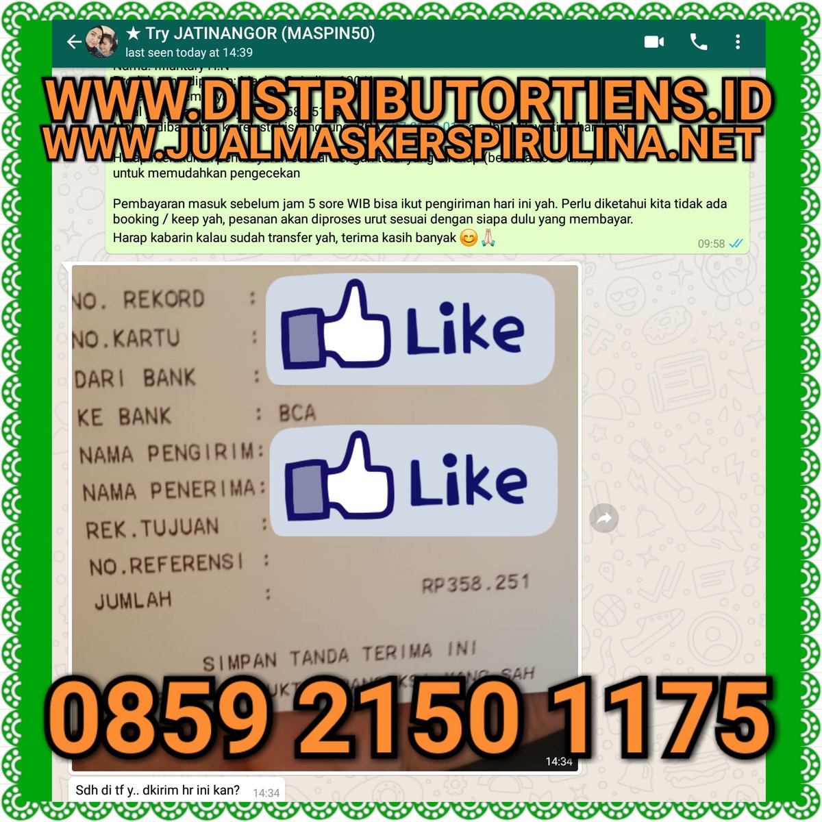 tiensresmi's tweet photo. Bukti pembayaran Mba Try yang sudah mengorder Masker Spirulina 100kapsul. Kemasan asli hanya untuk pembelian 100kapsul yah &amp; bersegel. Untuk produk dijamin dapat yang ORIGINAL 😉👍

#jualmaskerspirulinaoriginal #jualmaskerspirulinatiens #pemutihkulit #pemutihwajah #obatjerawat https://t.co/wlQjQ929hW