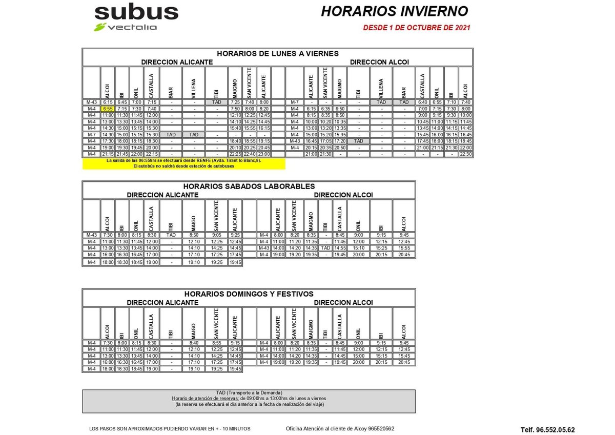TurismoIbi's tweet photo. 🟡🔴ATENCIÓN VIAJEROS🟡🔴
🚌CAMBIO DE HORARIOS DE BUS A PARTIR DEL 1 DE OCTUBRE DE 2021🚌.
👇Adjuntamos cartel👇
ℹ️Info:
Oficina Atención al cliente de Alcoy Tel. 965520562
#subus #vectalia https://t.co/fUTRF0drXW
