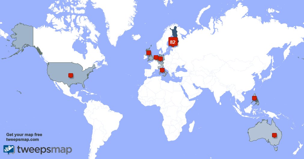 anttiosara's tweet photo. My followers are in Finland(84%), UK.(3%)... Get your map too: https://t.co/4Gwe3LQbLt https://t.co/Bzs3bPtnmI
