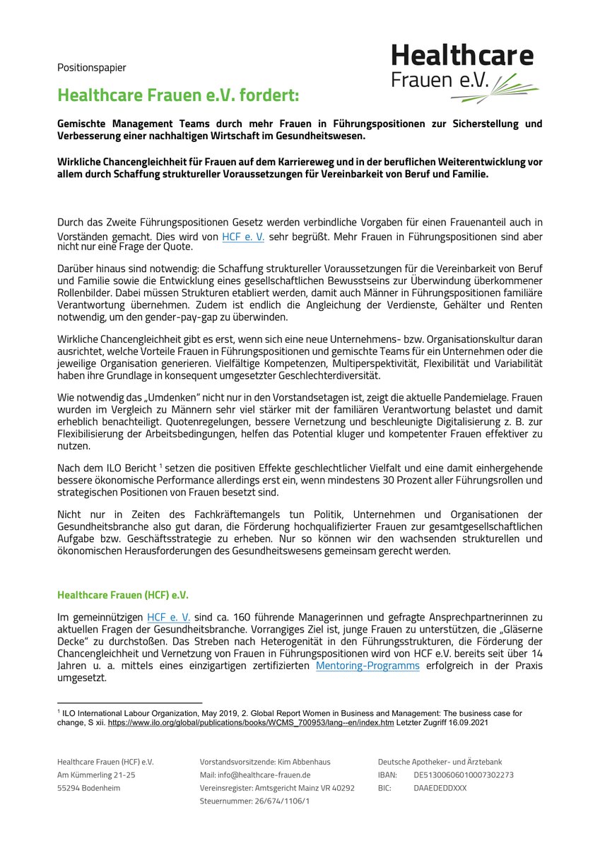 Interessanter Fakt:
Laut des ILO Berichts setzen positive Effekte geschlechtlicher #Vielfalt und eine einhergehende bessere ökonomische Performance erst ein, wenn mind. 30 Prozent aller Führungsrollen von #Frauen 👩🏽‍💼besetzt sind. 

Zu unseren Forderungen: healthcare-frauen.de/positionspapier