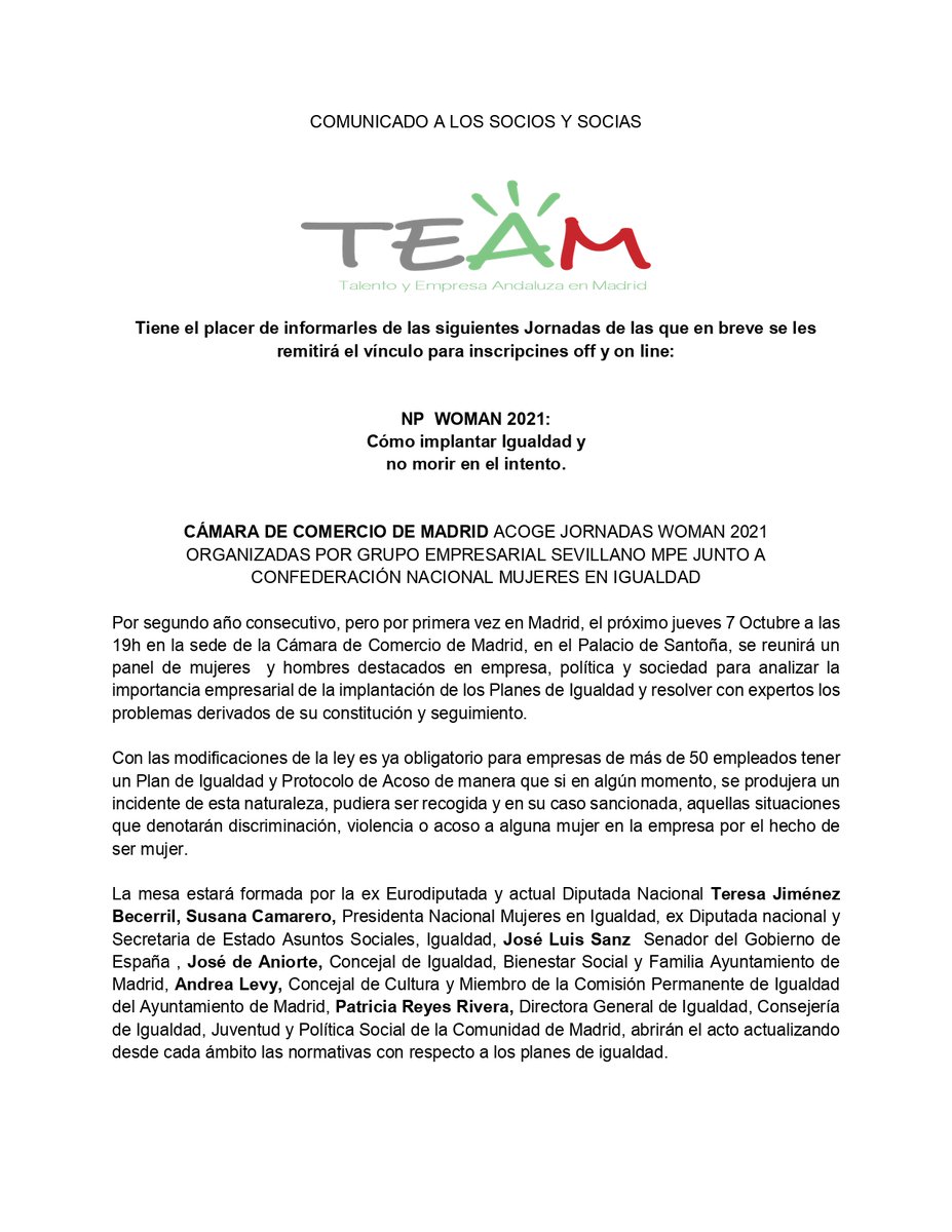 EmpreanAEA's tweet photo. La Cámara de Comercio de Madrid acoge Jornadas NP WOMAN 2021:  Cómo implantar Igualdad y no morir en el intento. Organizadas por el Grupo Empresarial sevillano MPE junto a la Confederación Nacional Mujeres en Igualdad, podrás hacer presencia offline y online. https://t.co/bHPaH4BmGj