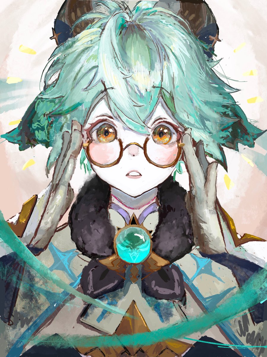 sucrose (genshin impact) 1girl solo glasses gloves green hair looking at viewer animal ears  illustration images