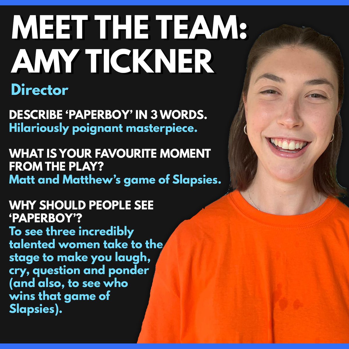 *MEET THE 'PAPERBOY' CREW*

Amy Tickner - Director

'Paperboy' would not be the show that it is without our genius director, Amy - come along and see the show she's created... in TWO DAYS' TIME!

2nd-3rd October, 3pm, <a href="/breadandrosesTC/">The Bread & Roses Theatre</a>

TICKETS VIA LINK IN BIO!