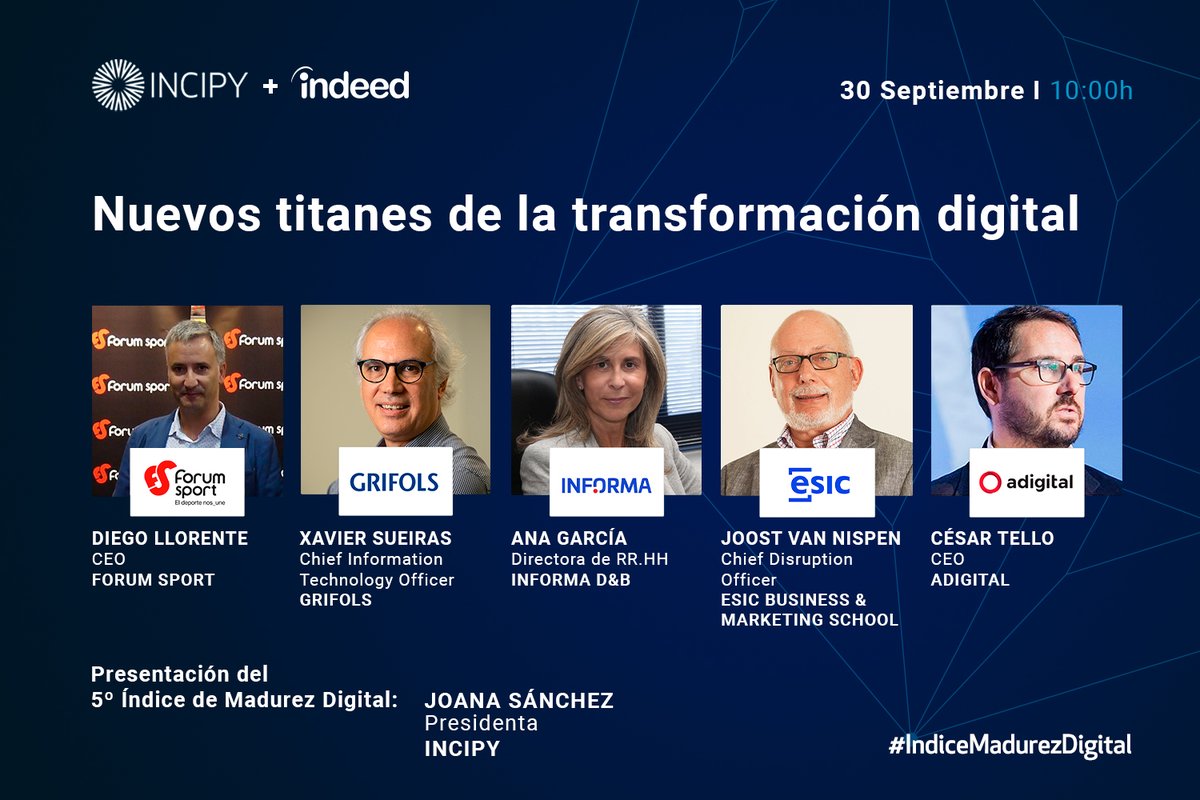 Todo listo para empezar "Nuevos Titanes de la #TransformaciónDigital" donde presentaremos los resultados del 5º estudio de #IndiceMadurezDigital y tendremos el placer de escuchar a líderes empresariales que se han enfrentado a los retos de la innovación digital. 
¡Empezamos!
