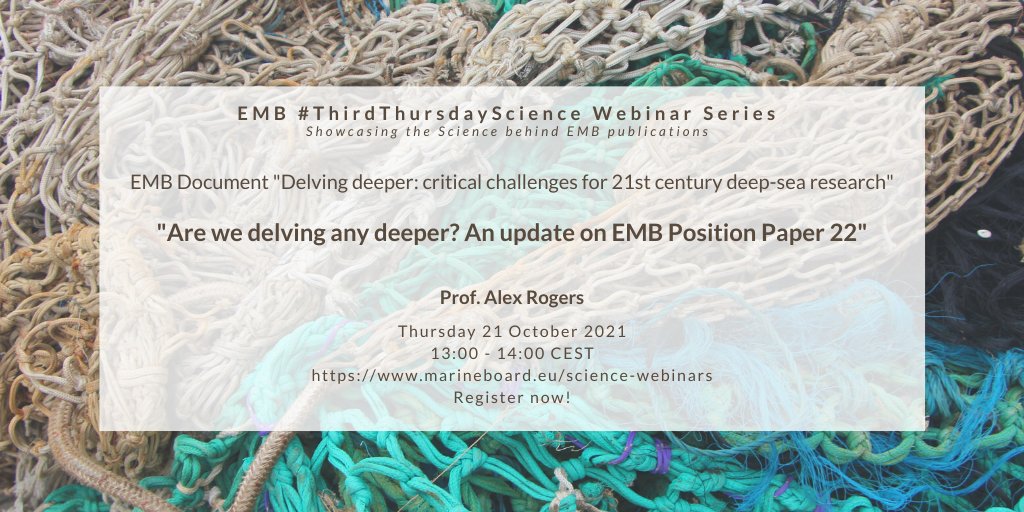 The October edition of our #ThirdThursdayScience webinar series will feature Professor Alex Rogers <a href="/AlexDavidRogers/">Alex David Rogers</a> <a href="/rev_ocean/">REV Ocean</a> who will discuss "Are we delving any deeper?", giving an update from our #DeepSea position paper! Find out more &amp; register here: marineboard.eu/events/emb-sci…