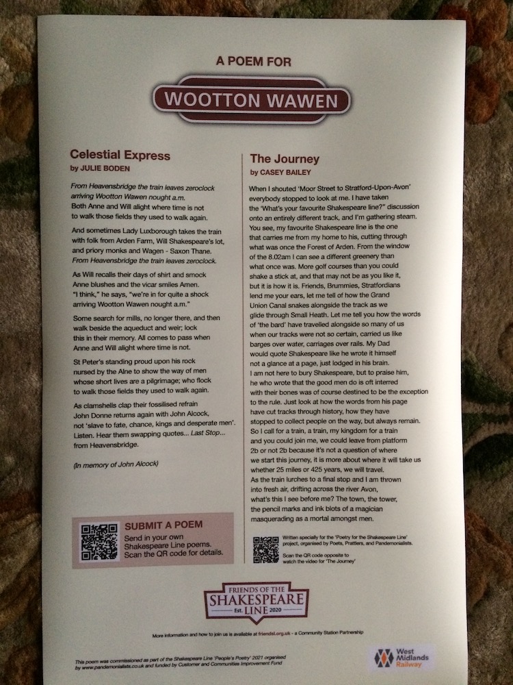 Deeply saddened to hear of the passing of Julie Boden, former poet laureate of Birmingham. A wonderful writer who created this piece for Wootton Wawen station as part of our #ShakespeareLine project earlier this year. RIP.