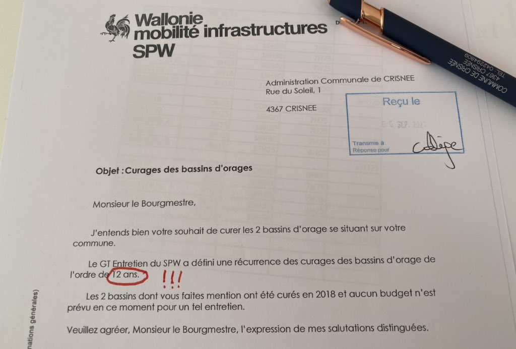 Donc en Région wallonne, les bassins d’orages sont curés tous les 12 ans. Et après on s’étonne…