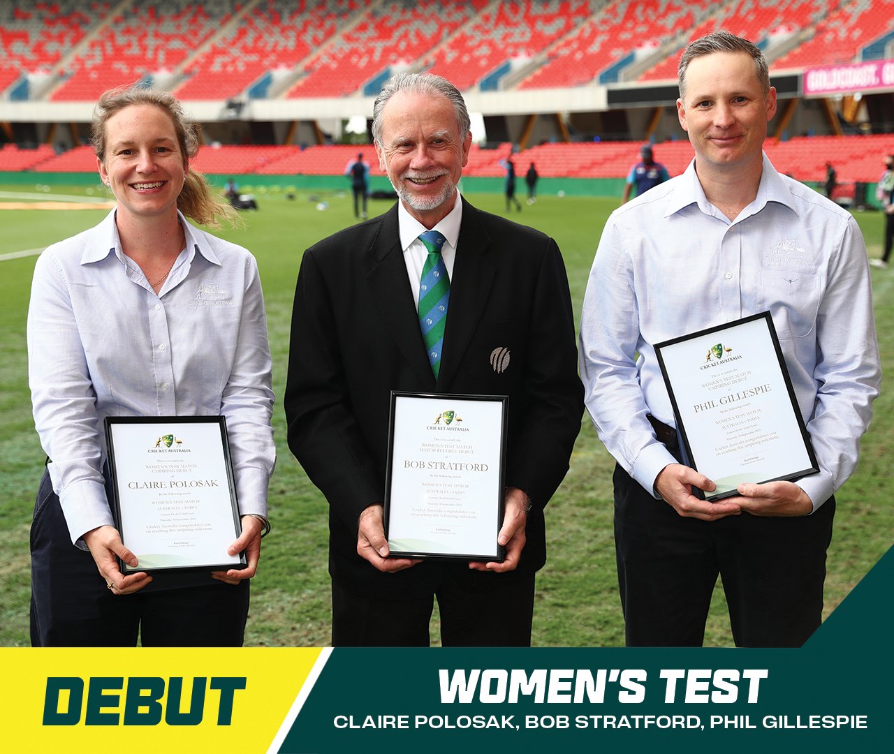 Cricket Australia on Twitter: A proud moment for Umpires Claire Polosak  and Phil Gillespie, alongside Match Referee Bob Stratford, who are all  officiating their first women's Test match! 👏 #AUSvIND