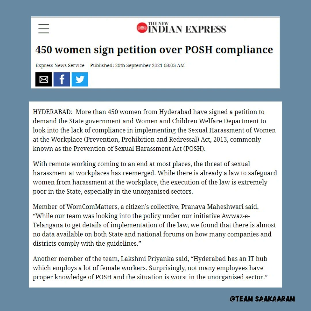 We got featured in @NewIndianXpress
we're so excited to share this article with y'll today!
@ridhimagupta27 Thank you, you're amazing!

@SpurthiKolipaka
@mkalanidhi @WomComMatters 
 #saakaaram #nodatanoposh #mediacoverage #media #Petition #poshlaw #safeworkplace #workingwomen