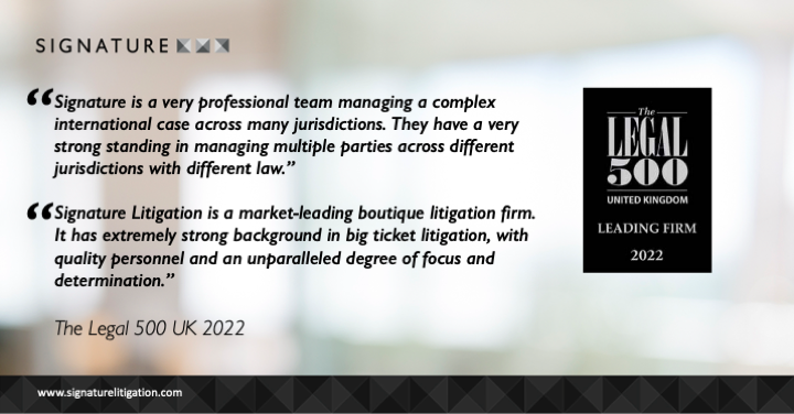 SignatureLitLLP's tweet photo. Signature Litigation has again been ranked in the annual @UK_Legal500 guide across commercial #litigation, civil fraud, banking litigation and international arbitration. Several of our partners and members are also individually recognised and commended https://t.co/vfTyQhy1zy https://t.co/G4dqWKLaxl
