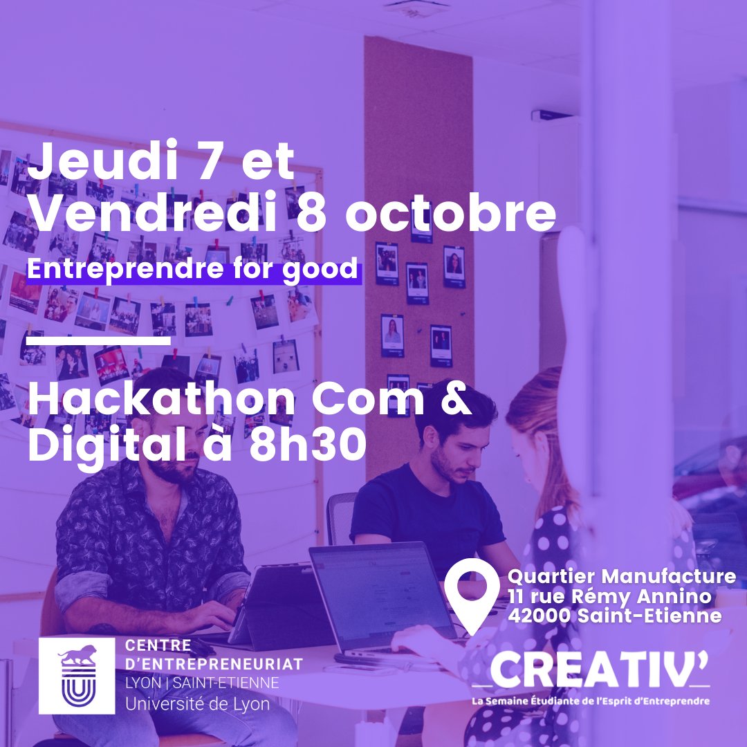 Semaine #CREATIV2021 - Hackathon Com & Digital 📆 jeudi 7 et vendredi 8 octobre, le @CE_Lyon_SE s'associe avec @SDLV_Officiel l'@EMLYON pour proposer un hackathon Com & Digital au Quartier Manufacture de Saint-Étienne A suivre sur le Insta @hublofestival