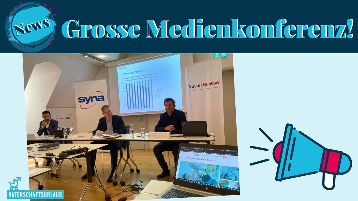 📢An der heutigen Medienkonferenz präsentieren wir stellen wir vor, dass junge Väter mehr #Vaterschaftsurlaub wollen, dass das Gewerbe und Gesundheitswesen am knausrigsten sind und wir fordern, politisch dass es einen Kündigungsschutz für Väter geben soll. vaterschaftsurlaub.ch/medien