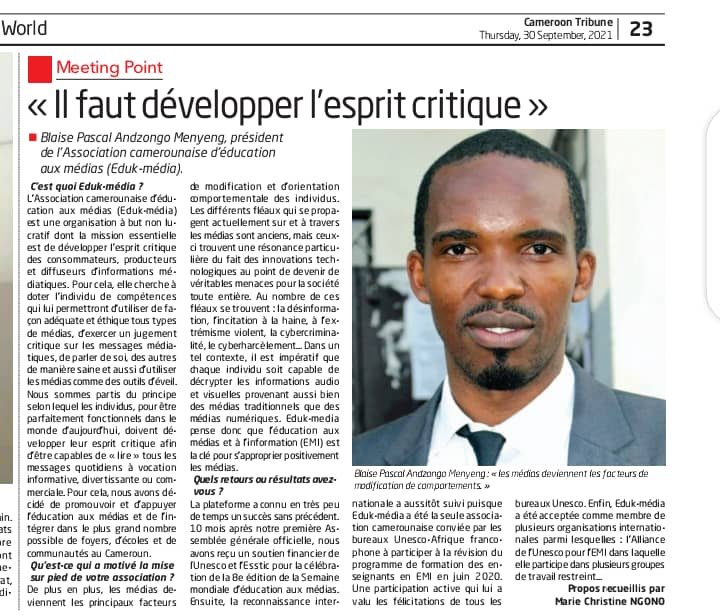 Le plaidoyer pour l'institutionnalisation de l'éducation aux médias et à l'information (EMI) continu avec  <a href="/AndzongoBlaise/">Andzongo Blaise Pascal🇨🇲</a> dans <a href="/CamerounTribune/">Cameroon Tribune</a> de ce 30 septembre
