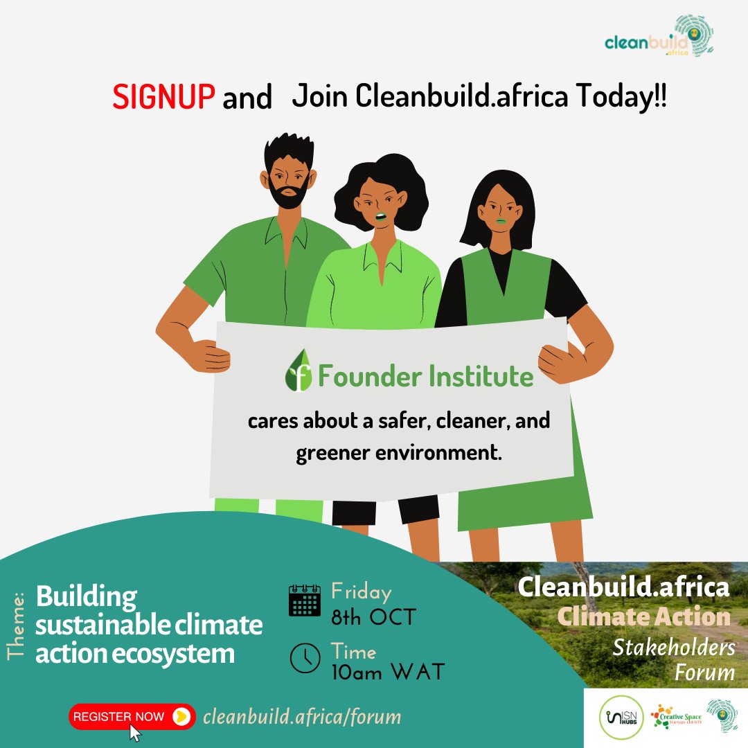 founding's tweet photo. 🌍 FI believes in entrepreneur-driven #ClimateTech solutions, which is why we support @cleanbuildafric's #ClimateAction Stakeholders Forum→ https://t.co/WqfhD0QHLE ←Join with #CleanTech startups, advocates, policymakers &amp; stakeholders to discuss #ClimateChange in #Africa! https://t.co/xxSxouCTvQ