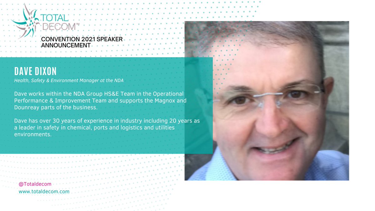 On Tuesday, October 12,  Dave Dixon, Health, Safety &amp; Environment Manager at the <a href="/NDAgovuk/">Nuclear Decommissioning Authority</a> will be delivering a presentation on ‘How we’re plotting our journey…’

Find out more about Dave and NDA here totaldecom.com/convention-202…

#healthandsafety #nda #nuclear #decommissioning