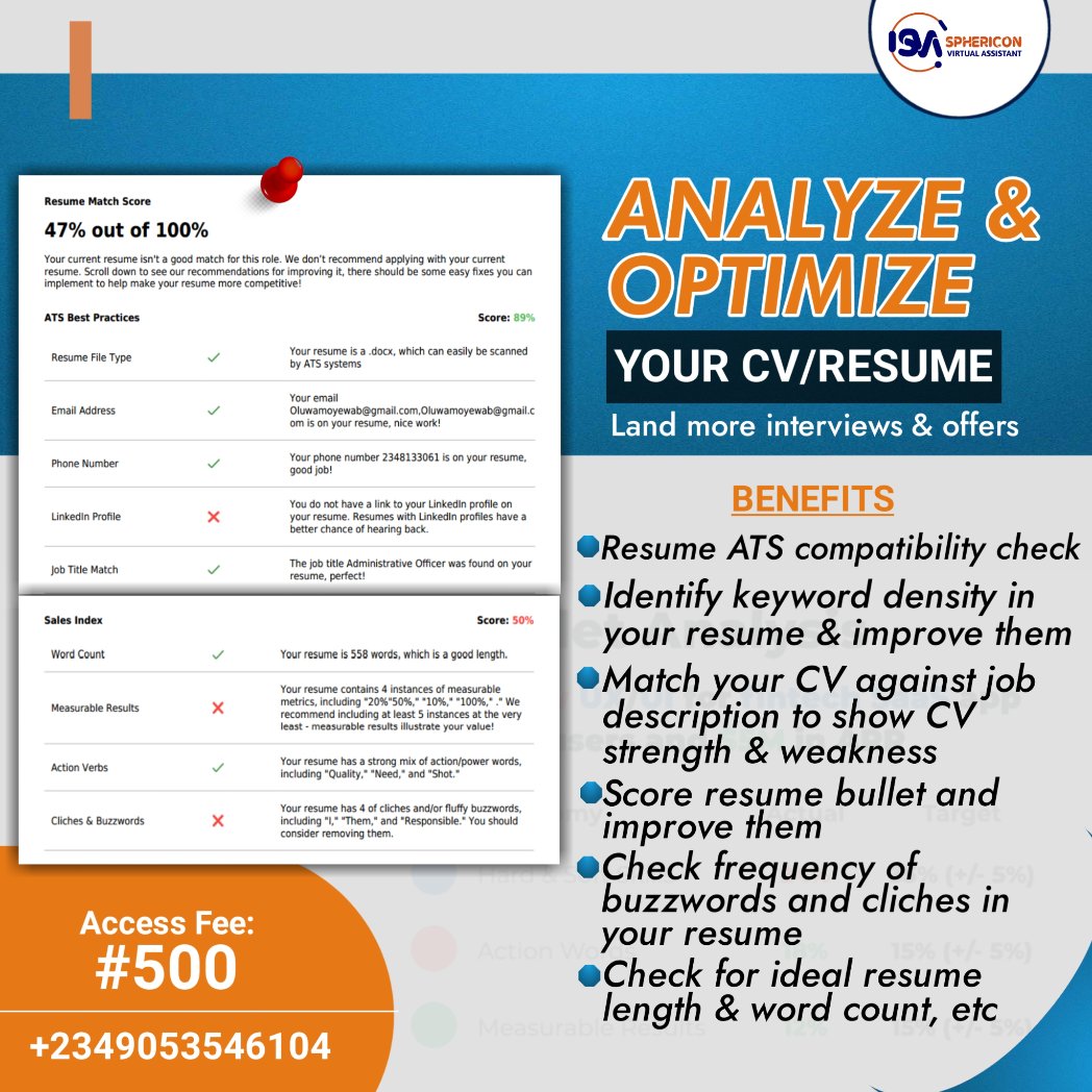 If all you hear after submitting your #CV or #Resume is crickets, then you're doing something amiss. 

Our tool will help you analyze &amp; optimize your resume/CV and you get to be among the 2% who lands more interviews and offers.

Get started here, click wa.me/23409053546104