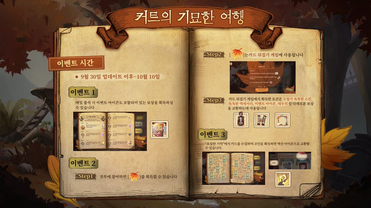 identity5kr's tweet photo. 오늘부터 '커트의 기묘한 여행'
이벤트가 시작되었다네~

이벤트 정보를 한눈에 보기 편하게
이미지로 조커가 정리해봤다네!

모험가의 독특한 스킨과 액세서리 등을 포함해
다양한 보상을 획득할 수 있으니
놓치지 마시게나~

#IdentityV 
#제5인격 https://t.co/8al6ZeNpKq
