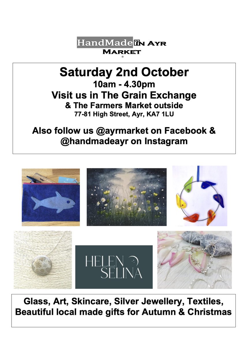 This Sat 2nd October I'll be at The Grain Exchange on Ayr High Street with 6 other makers.  Come in to this lovely venue out of the elements and #shoplocal
