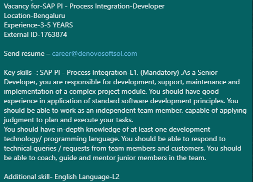 denovosoftsol's tweet image. #denovojobs 
Vacancy for-SAP PI - Process Integration-Developer
Location-Bengaluru
Experience-3-5 YEARS
External ID-1763874

Send resume – career@denovosoftsol.com
#SAPPI #sapservice #sapmodule #sapsupport #saphiring #sapfi #sapprocessintegration #seniordeveloper #programming