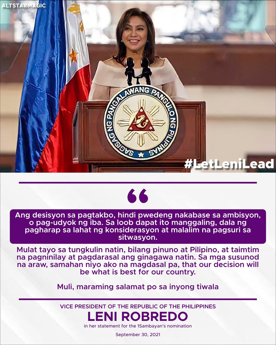 AltStarMagic's tweet photo. "Ang desisyon sa pagtakbo, hindi pwedeng nakabase sa ambisyon o pag-udyok ng iba. SA LOOB DAPAT ITO MANGGALING" - @lenirobredo
Let's pray for VP Leni, and God has plans at kung kasama sa plano ay ang tumakbo siya. Let's support her kasi para din ito sa bayan 💁🏼♀️
#LetLeniLead https://t.co/z5HL2zJ9u2