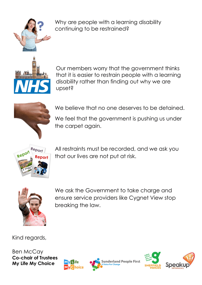 mylifemychoice1's tweet photo. Enough is enough. We are disgusted at the continued news reports of people with learning disabilities being restrained and we are calling for the government to take action.
Please see our open letter below!
@sarasiobhan @SunPeopleFirst @SpeakupSA @SheffieldVoices @CQCProf https://t.co/rgenilVWRw
