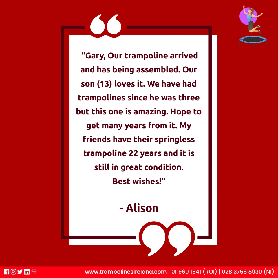 TrampolinesIre's tweet photo. Thank you, Alison, for your feedback. We are glad to know that your son liked the trampoline.

#reviews #trampoline #happycustomers #feedbacks #trampolinefun #TrampolineIreland https://t.co/XhJKHD90H6
