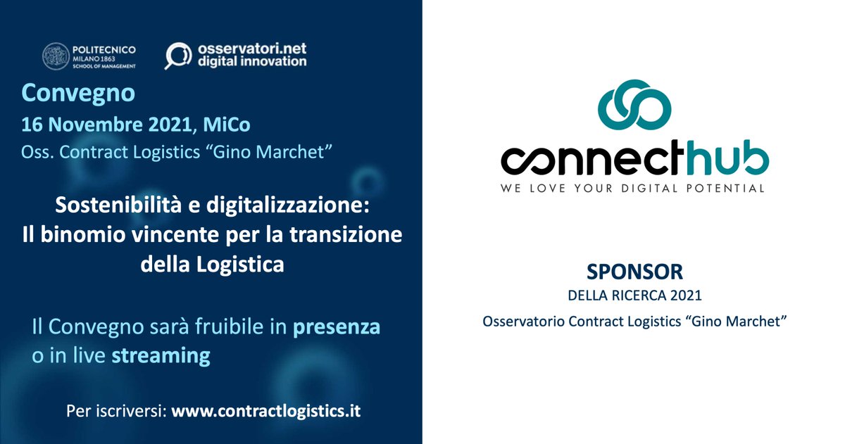 _Connecthub_'s tweet photo. 🗓SAVE THE DATE: 16 novembre 📍MiCo
Il convegno dell'#OsservatorioContractLogistics sulla ricerca 2021: focus su #sostenibilità e #digitalizzazione.

Noi ci saremo! 

Qui il link per registrarsi: https://t.co/y38PLzBptW

#Connecthub #OCL #logistica #contractlogistics #logistics https://t.co/TPLa9cAldh