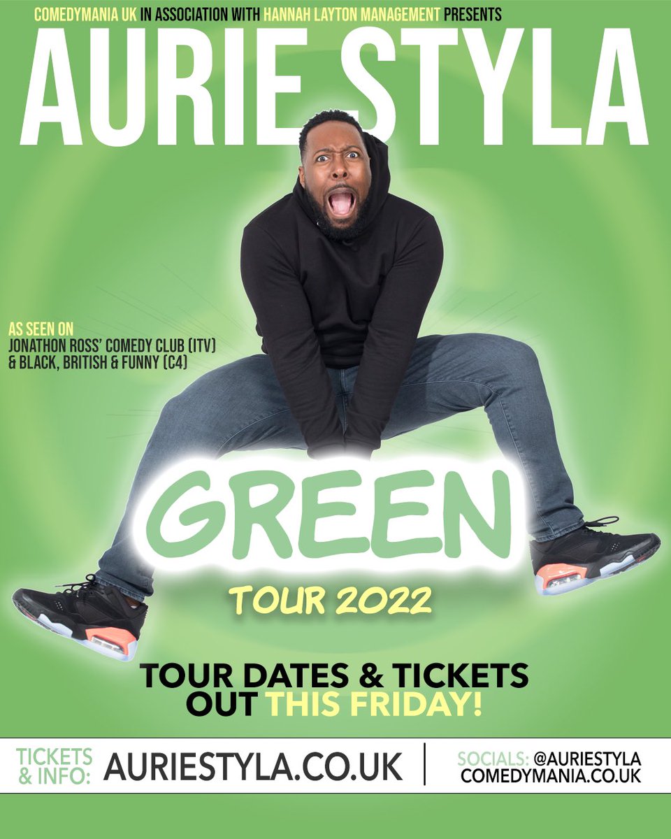 📣ANNOUNCEMENT📣- I’m going on tour with my show ‘GREEN’ in 2022 🎉🎊… EXCITED! Guess which cities I’m hitting! 😁

Tickets and Tour Dates will be released tomorrow. Sign up to my mailing list on AurieStyla.co.uk