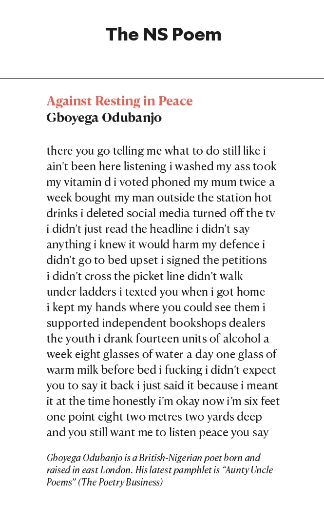 ellencph's tweet image. “Against Resting in Peace”, a brilliantly vivid new poem by @OdubanjoGboyega, in this week’s New Statesman newstatesman.com/culture/poetry…