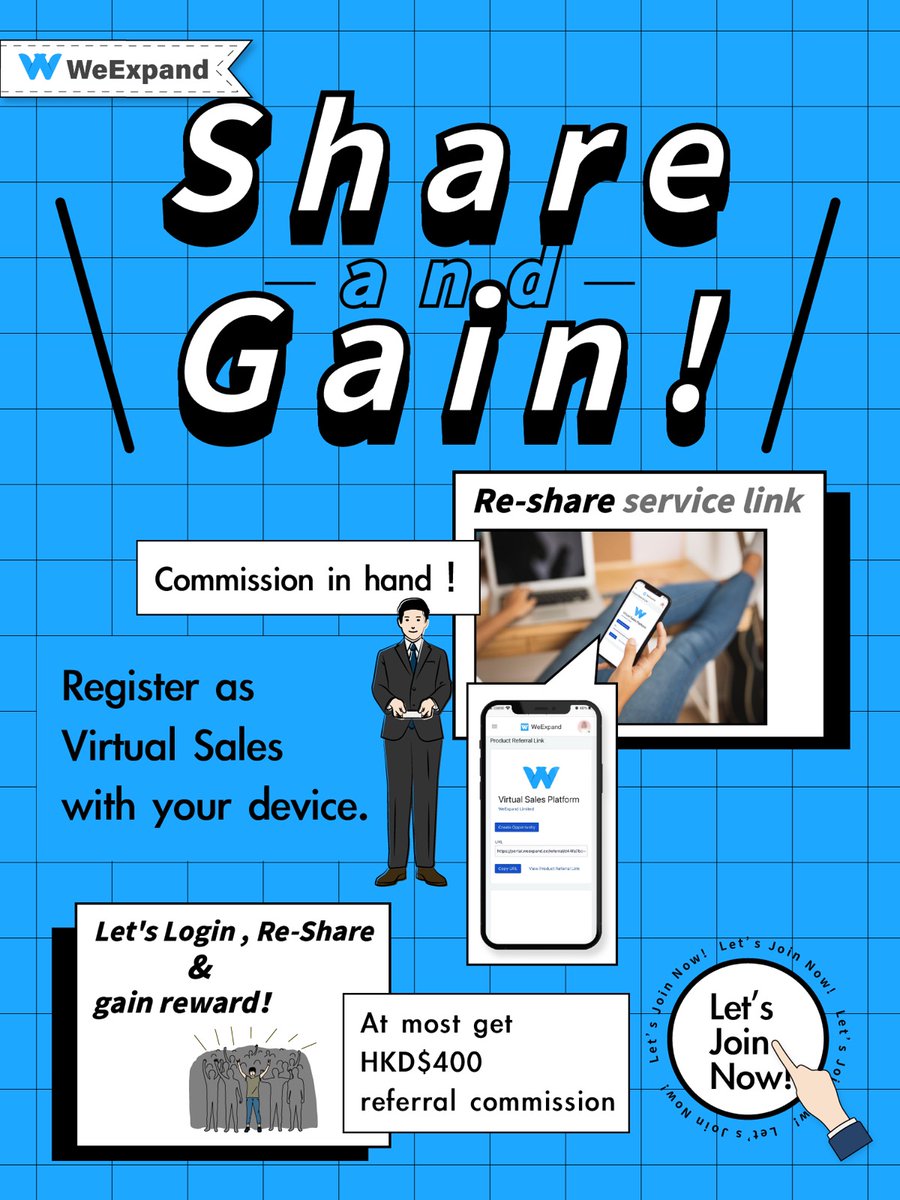 💬
Being a #virtualsales in #WeExpand allow you to earn anywhere and anytime with your devices💻📱.

Knowing how to get your first HKD$100💰? 

💬
Let’s join our campaign and click the link for details 

🔗portal.weexpand.co/referral/5c971…