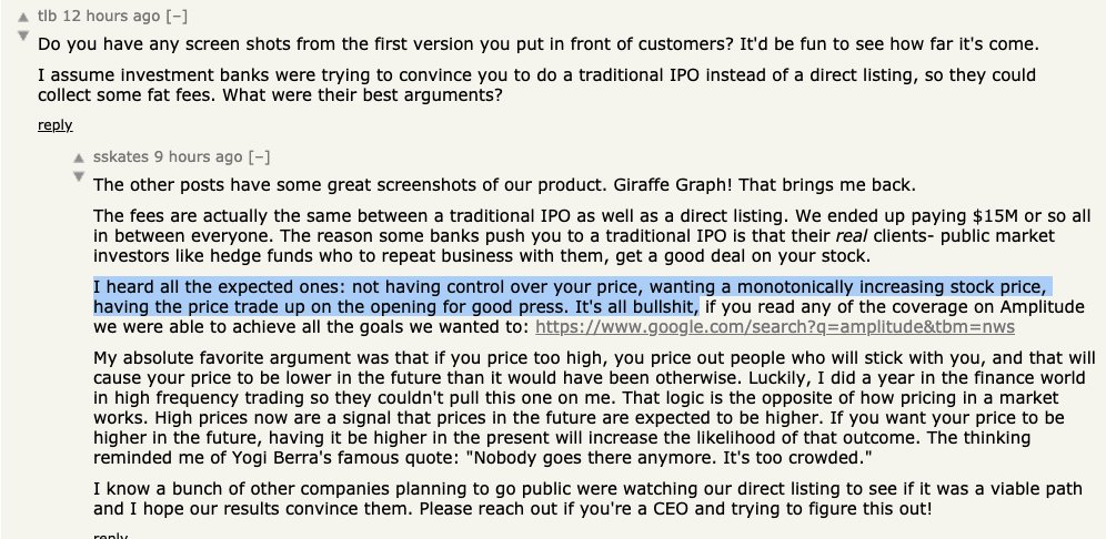 swyx's tweet photo. So @spenserskates' AMA (on the occasion of @Amplitude_HQ's IPO) is just an all-timer HN fairytale:

https://t.co/xbXhRsAO3m 

- disrupting competitor @Mixpanel
- Mixpanel founder @suhail congratulating them
- @patio11 "Charge more" taken to heart
- @bgurley style IPO rant https://t.co/bWBLzn1Exs
